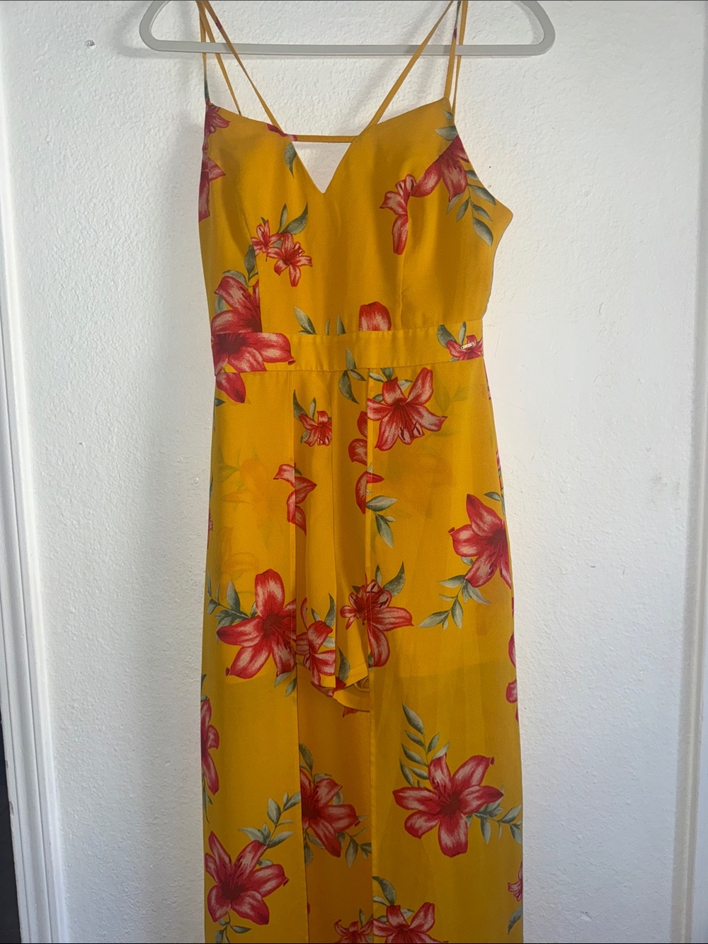 Guess Yellow Floral Spaghetti-Strap Maxi Dress
